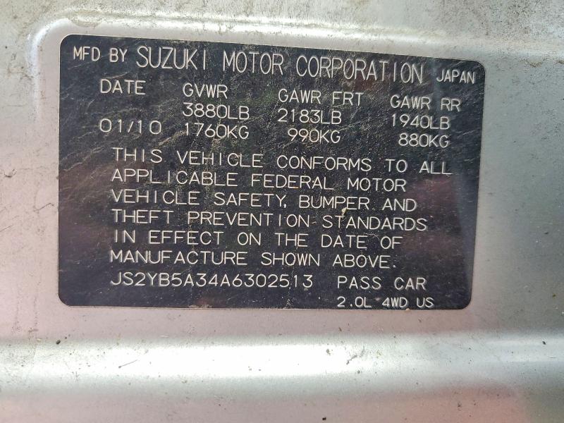 Aukcja sprzedaży 2010 Suzuki Sx4, vin: JS2YB5A34A6302513, numer aukcji: 62418406