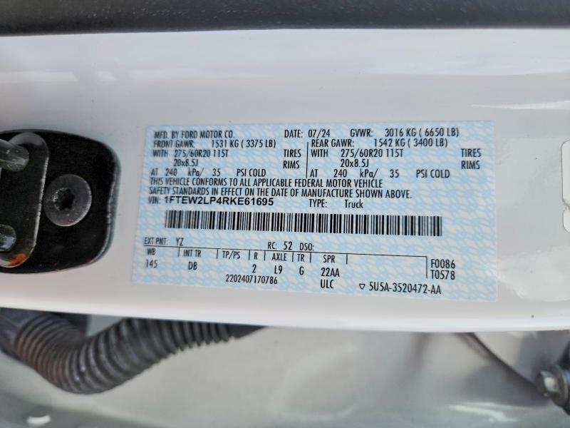 61502486 :رقم المزاد ، 1FTEW2LP4RKE61695 vin ، 2024 Ford F150 مزاد بيع