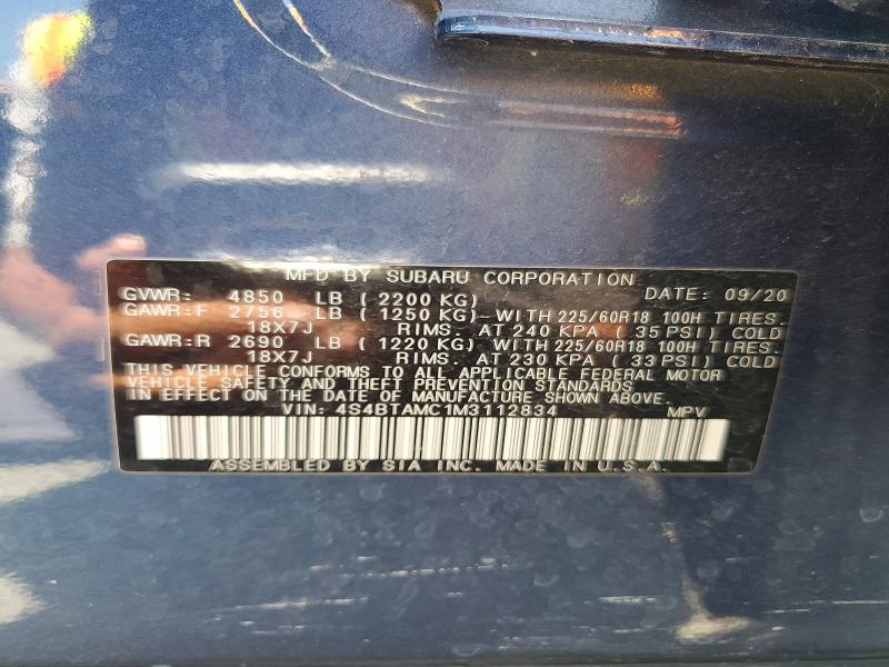 Продаж на аукціоні авто 2021 Subaru Outback, vin: 4S4BTAMC1M3112834, номер лоту: 62787966