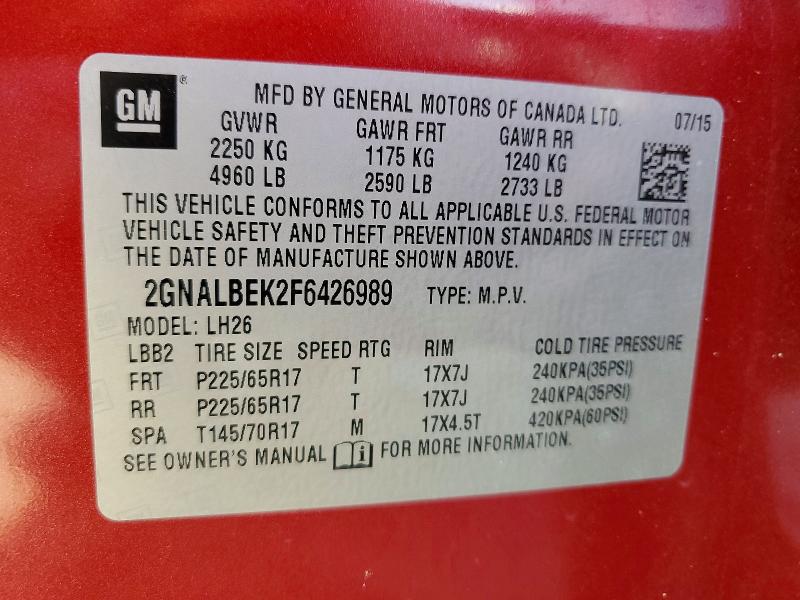 2015 Chevrolet Equinox მანქანა იყიდება აუქციონზე, vin: 2GNALBEK2F6426989, აუქციონის ნომერი: 62710316