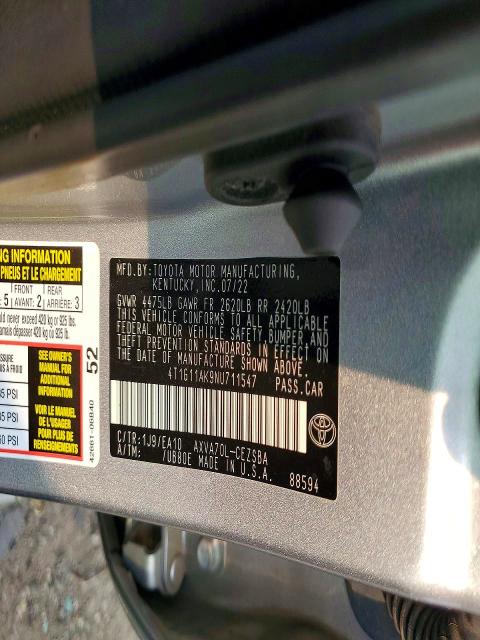 Продаж на аукціоні авто 2022 Toyota Camry, vin: 4T1G11AK9NU711547, номер лоту: 60441846