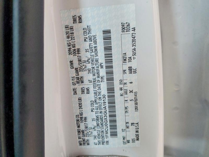 2016 Ford Escape მანქანა იყიდება აუქციონზე, vin: 1FMCU0GX3GUA19130, აუქციონის ნომერი: 60600046