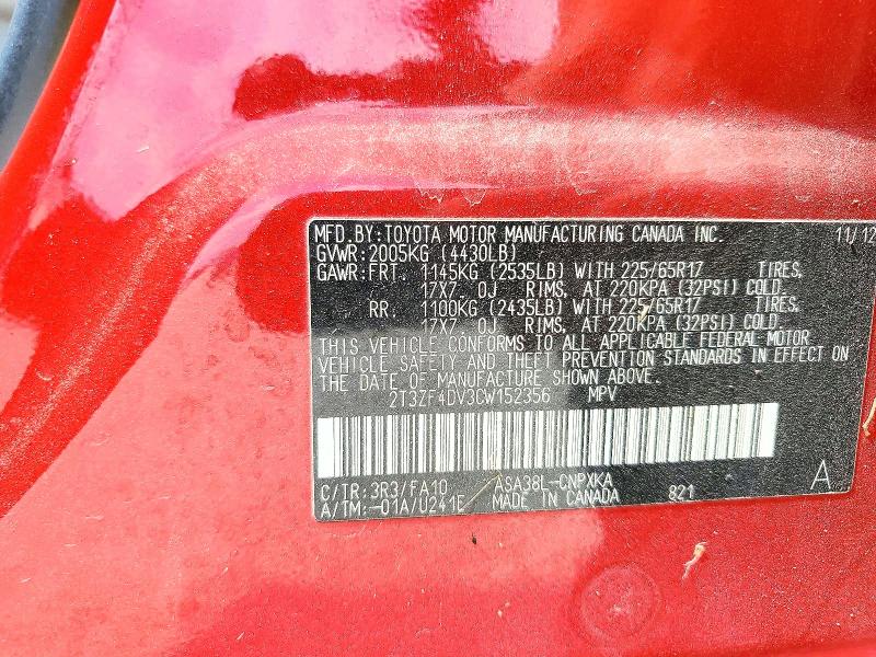 59173486 :رقم المزاد ، 2T3ZF4DV3CW152356 vin ، 2012 Toyota Rav4 مزاد بيع