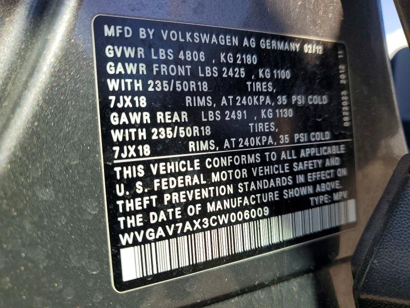 63225646 :رقم المزاد ، WVGAV7AX3CW006009 vin ، 2012 Volkswagen Tiguan مزاد بيع