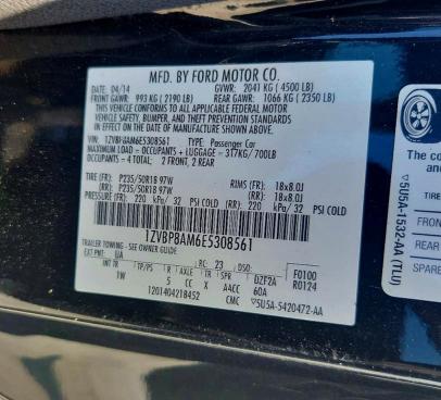 2014 Ford Mustang მანქანა იყიდება აუქციონზე, vin: 1ZVBP8AM6E5308561, აუქციონის ნომერი: 62823096