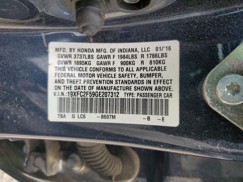 Продаж на аукціоні авто 2016 Honda Civic, vin: 19XFC2F59GE207312, номер лоту: 62246546