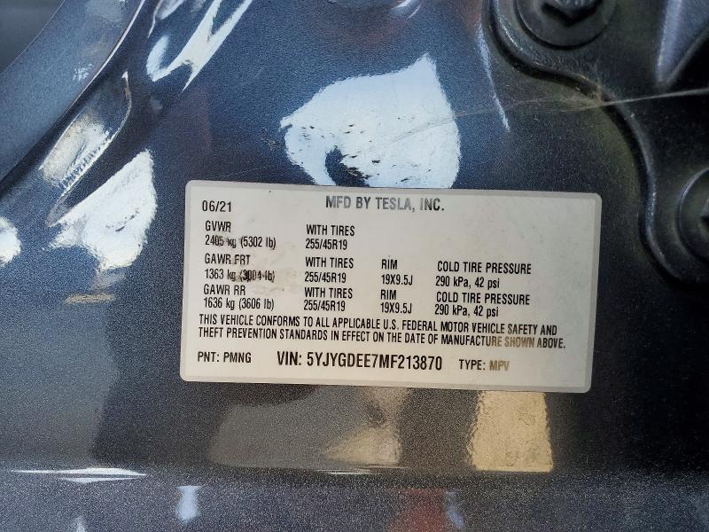 2021 Tesla Model Y მანქანა იყიდება აუქციონზე, vin: 5YJYGDEE7MF213870, აუქციონის ნომერი: 59678026