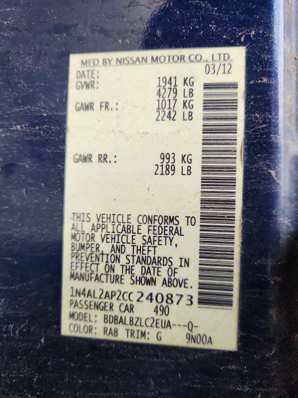 61919716 :رقم المزاد ، 1N4AL2AP2CC240873 vin ، 2012 Nissan Altima مزاد بيع