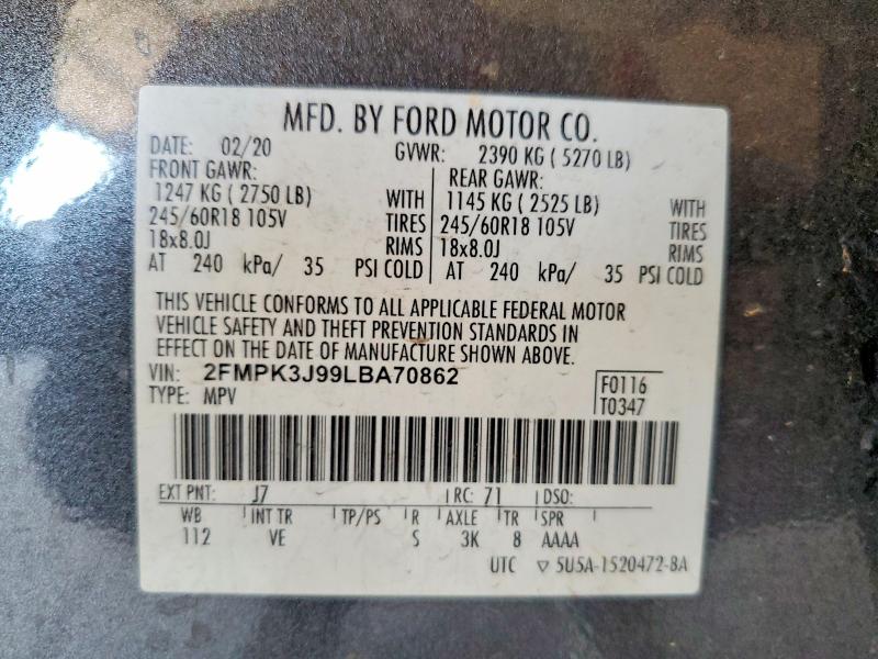 2020 Ford Edge მანქანა იყიდება აუქციონზე, vin: 2FMPK3J99LBA70862, აუქციონის ნომერი: 60351346