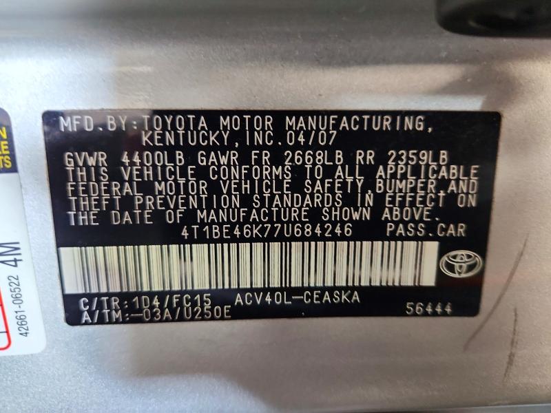 2007 Toyota Camry მანქანა იყიდება აუქციონზე, vin: 4T1BE46K77U684246, აუქციონის ნომერი: 62445436