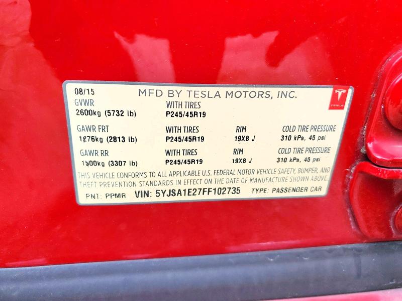 2015 Tesla Model S მანქანა იყიდება აუქციონზე, vin: 5YJSA1E27FF102735, აუქციონის ნომერი: 60248426