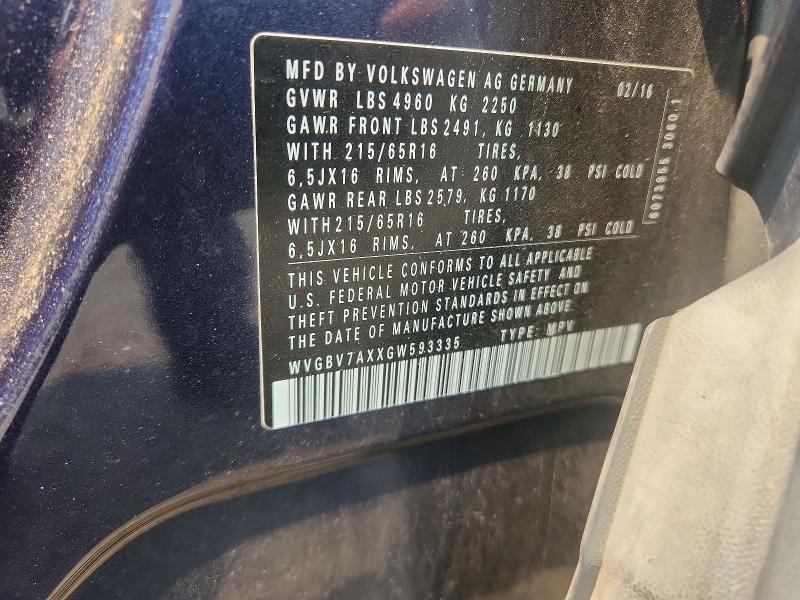 61223856 :رقم المزاد ، WVGBV7AXXGW593335 vin ، 2016 Volkswagen Tiguan مزاد بيع