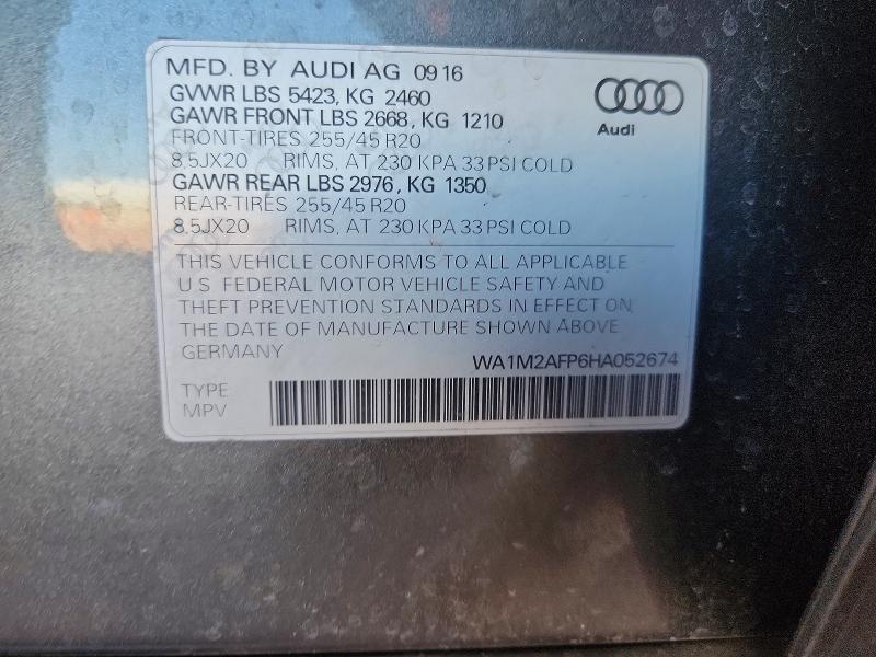 2017 Audi Q5 მანქანა იყიდება აუქციონზე, vin: WA1M2AFP6HA052674, აუქციონის ნომერი: 61641976