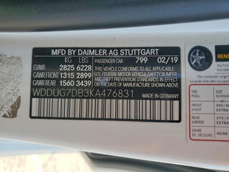 85610725 :رقم المزاد ، WDDUG7DB3KA476831 vin ، 2019 Mercedes-benz S مزاد بيع