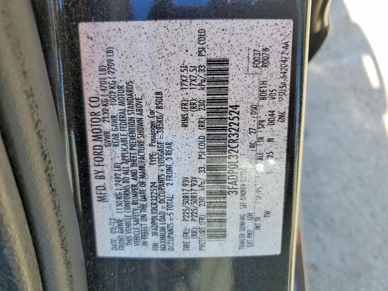 2012 Ford Fusion მანქანა იყიდება აუქციონზე, vin: 3FADP0L32CR322524, აუქციონის ნომერი: 61214996