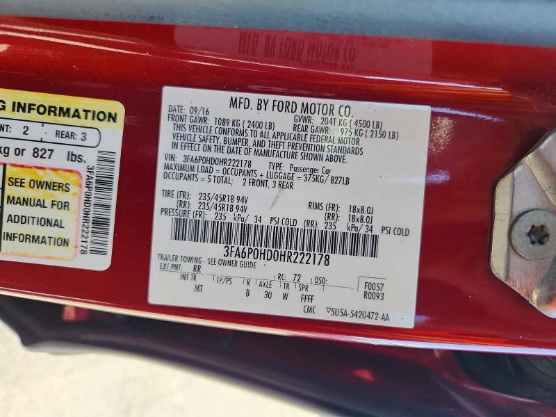 2017 Ford Fusion მანქანა იყიდება აუქციონზე, vin: 3FA6P0HD0HR222178, აუქციონის ნომერი: 61801576