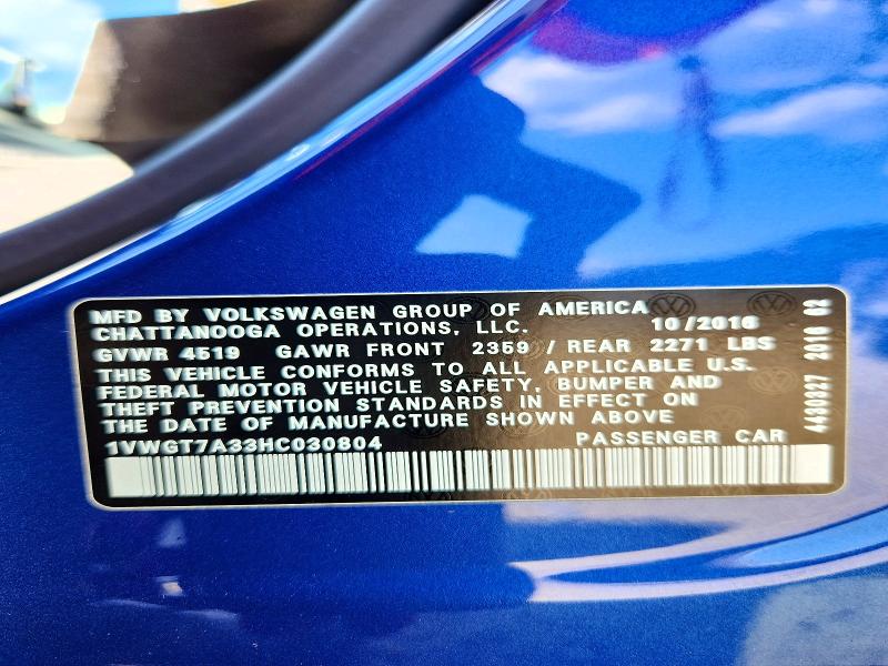 Aukcja sprzedaży 2017 Volkswagen Passat, vin: 1VWGT7A33HC030804, numer aukcji: 63414886