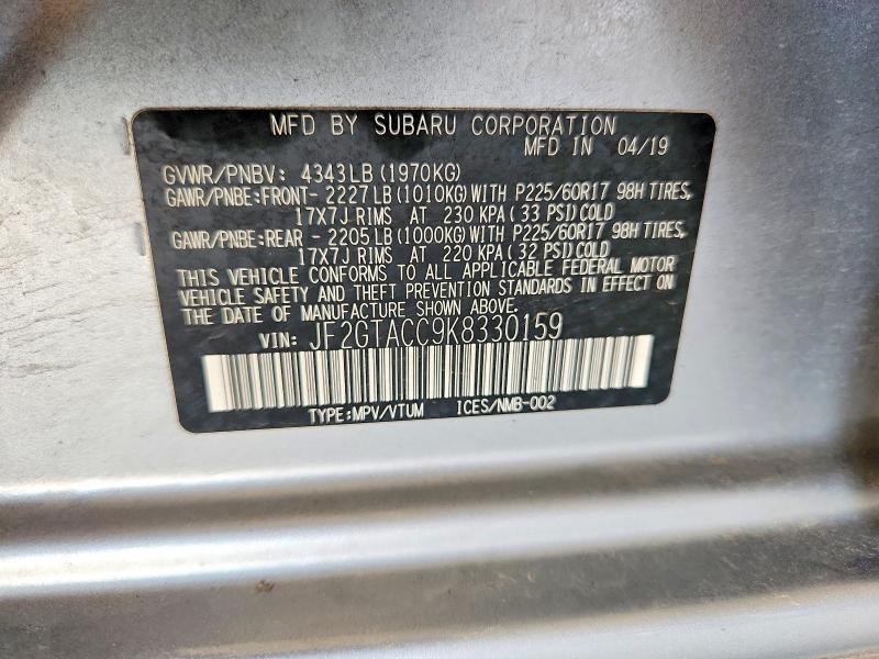 Aukcja sprzedaży 2019 Subaru Crosstrek, vin: JF2GTACC9K8330159, numer aukcji: 61633716
