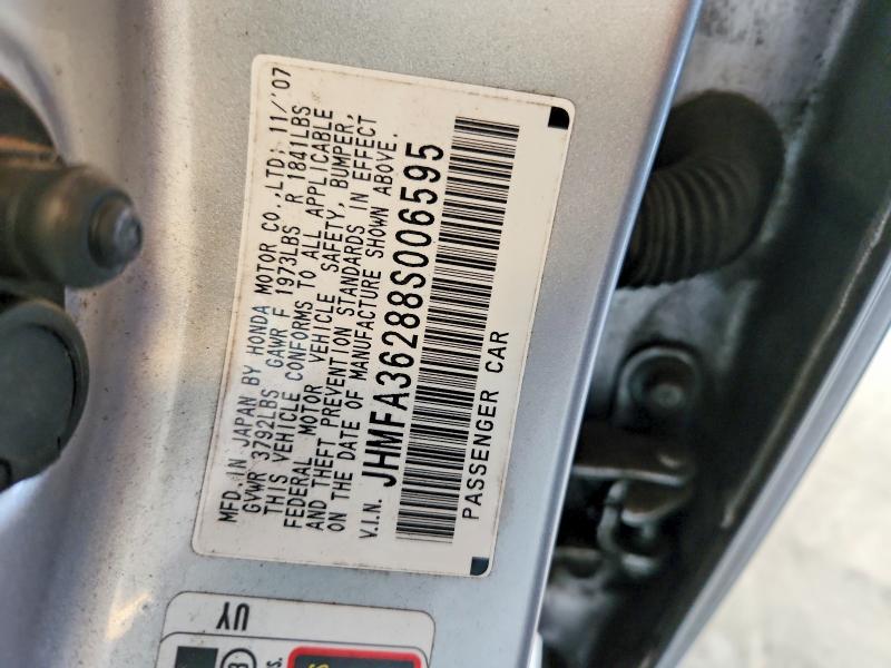 2008 Honda Civic მანქანა იყიდება აუქციონზე, vin: JHMFA36288S006595, აუქციონის ნომერი: 60426296