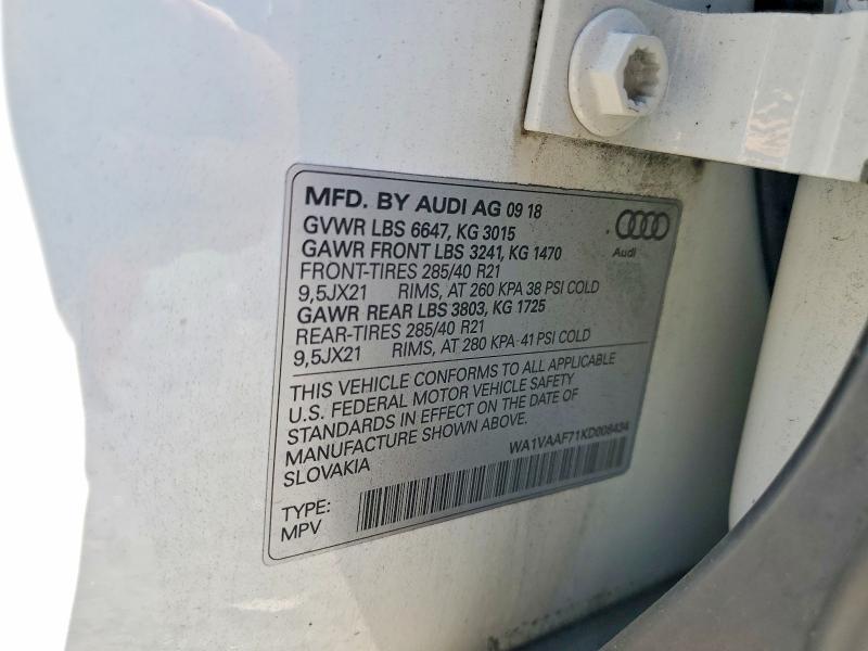 2019 Audi Q7 მანქანა იყიდება აუქციონზე, vin: WA1VAAF71KD008434, აუქციონის ნომერი: 63234486