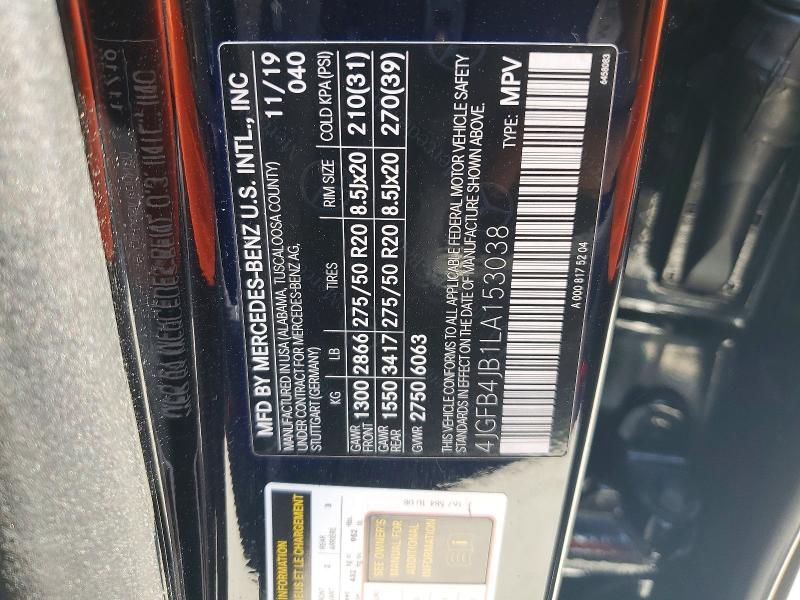 Aukcja sprzedaży 2020 Mercedes-benz Gle, vin: 4JGFB4JB1LA153038, numer aukcji: 62290046