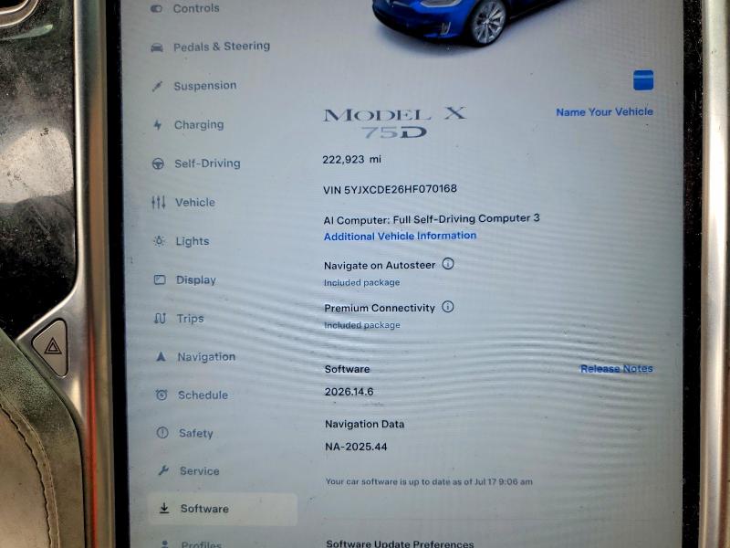 60527906 :رقم المزاد ، 5YJXCDE26HF070168 vin ، 2017 Tesla Model X مزاد بيع