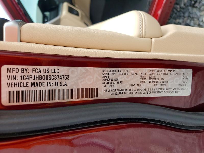 59646756 :رقم المزاد ، 1C4RJHBG0SC374753 vin ، 2025 Jeep Grand Cherokee مزاد بيع