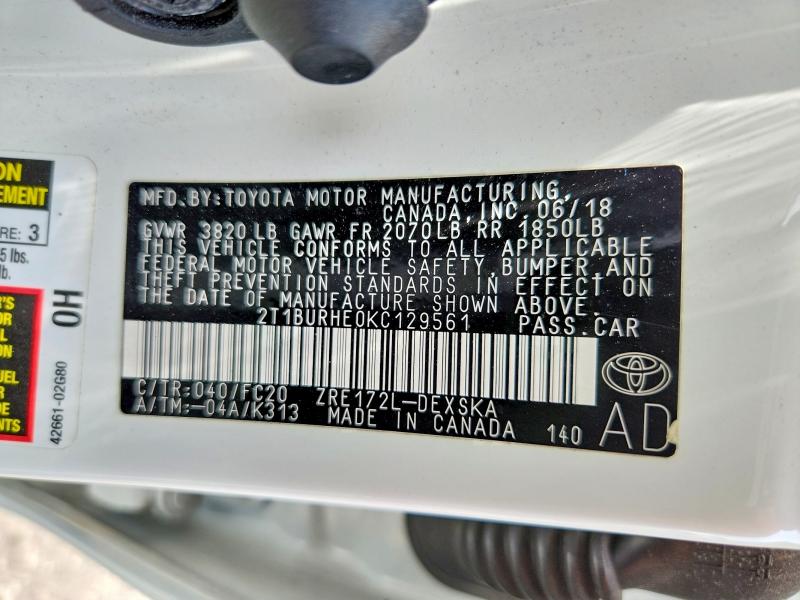 59701396 :رقم المزاد ، 2T1BURHE0KC129561 vin ، 2019 Toyota Corolla مزاد بيع