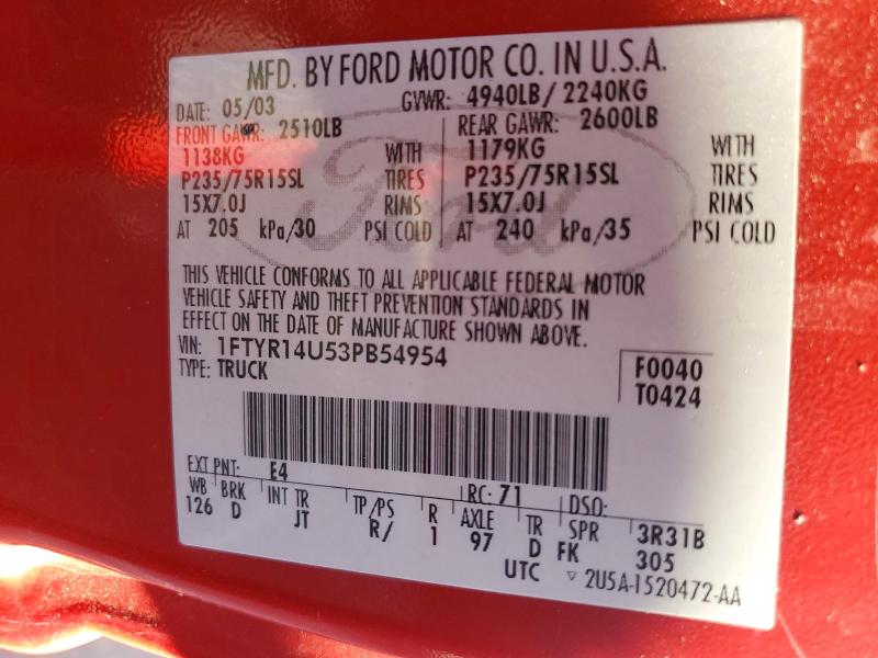 61977366 :رقم المزاد ، 1FTYR14U53PB54954 vin ، 2003 Ford Ranger مزاد بيع