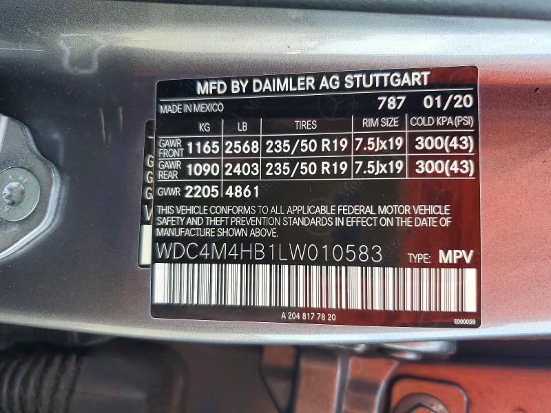 61247786 :رقم المزاد ، WDC4M4HB1LW010583 vin ، 2020 Mercedes-benz Glb مزاد بيع