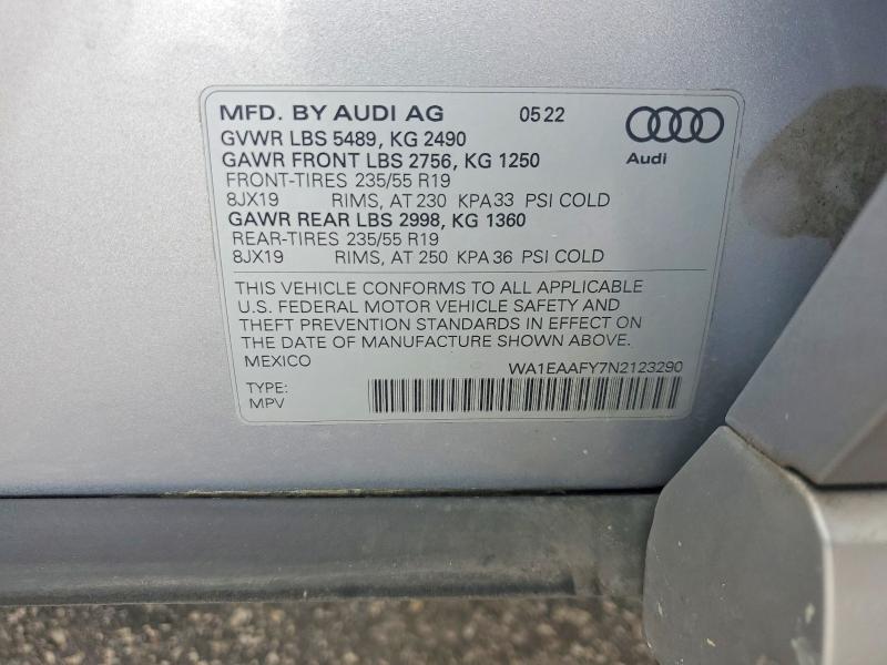 2022 Audi Q5 მანქანა იყიდება აუქციონზე, vin: WA1EAAFY7N2123290, აუქციონის ნომერი: 62674636