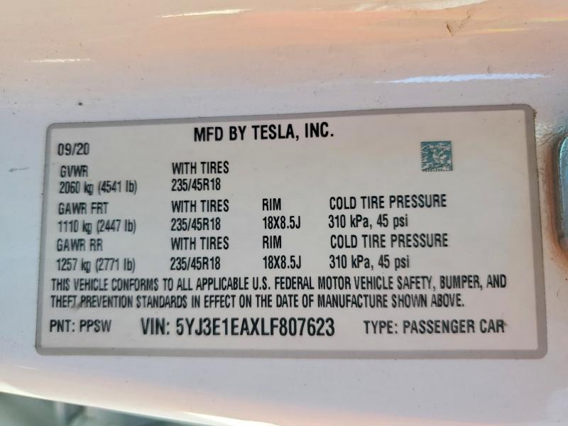 Auction sale of the 2020 Tesla Model 3, vin: 5YJ3E1EAXLF807623, lot number: 60791576