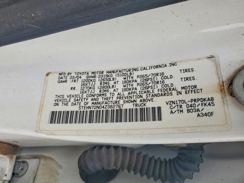 2004 Toyota Tacoma მანქანა იყიდება აუქციონზე, vin: 5TEHN72N04Z382767, აუქციონის ნომერი: 59900216