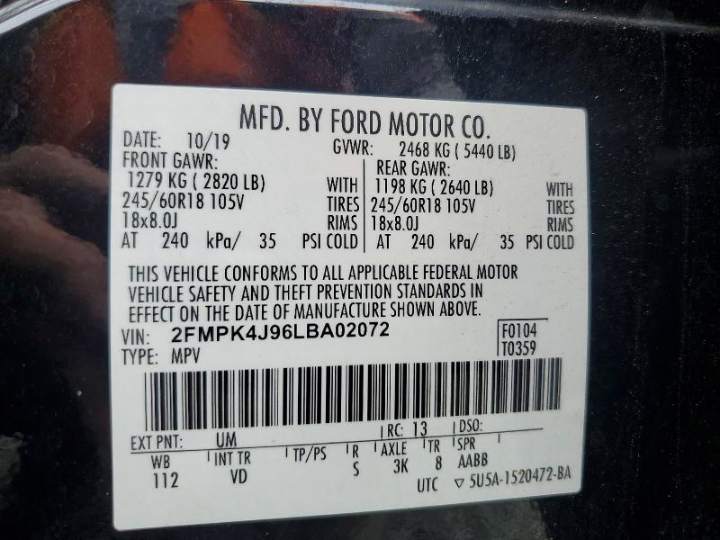 2020 Ford Edge მანქანა იყიდება აუქციონზე, vin: 2FMPK4J96LBA02072, აუქციონის ნომერი: 60466556