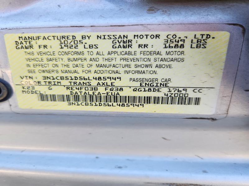2006 Nissan Sentra მანქანა იყიდება აუქციონზე, vin: 3N1CB51D56L485949, აუქციონის ნომერი: 60996786