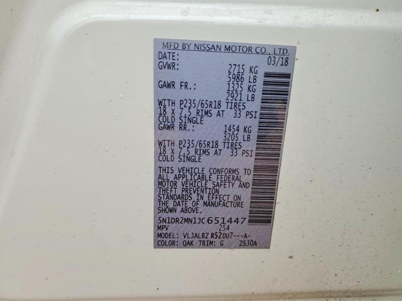 2018 Nissan Pathfinder მანქანა იყიდება აუქციონზე, vin: 5N1DR2MN1JC651447, აუქციონის ნომერი: 62312526
