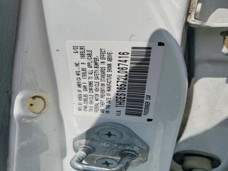 60345656 :رقم المزاد ، 1HGES16572L067416 vin ، 2002 Honda Civic مزاد بيع