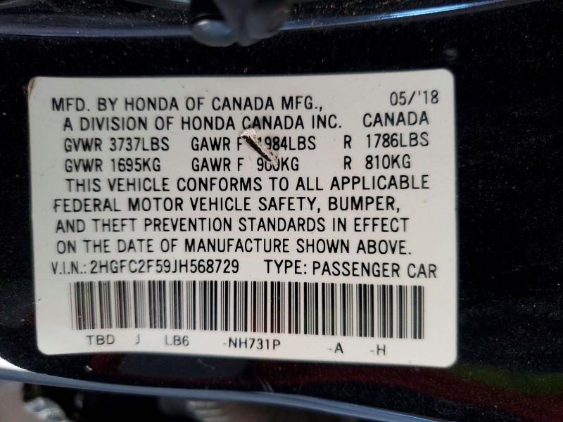 Продаж на аукціоні авто 2018 Honda Civic, vin: 2HGFC2F59JH568729, номер лоту: 59725866