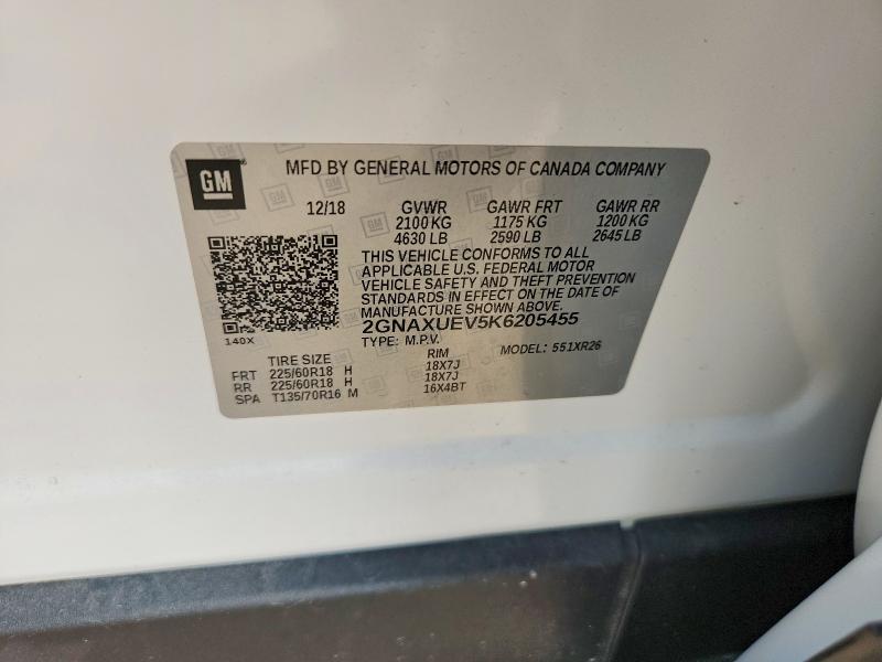 Продаж на аукціоні авто 2019 Chevrolet Equinox, vin: 2GNAXUEV5K6205455, номер лоту: 61569246