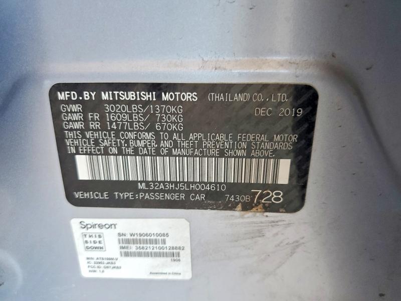 2020 Mitsubishi Mirage მანქანა იყიდება აუქციონზე, vin: ML32A3HJ5LH004610, აუქციონის ნომერი: 60212156