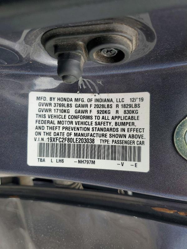 Продаж на аукціоні авто 2020 Honda Civic, vin: 19XFC2F80LE203038, номер лоту: 60632886