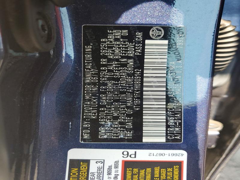 2017 Toyota Camry მანქანა იყიდება აუქციონზე, vin: 4T1BF1FK1HU809142, აუქციონის ნომერი: 63605926