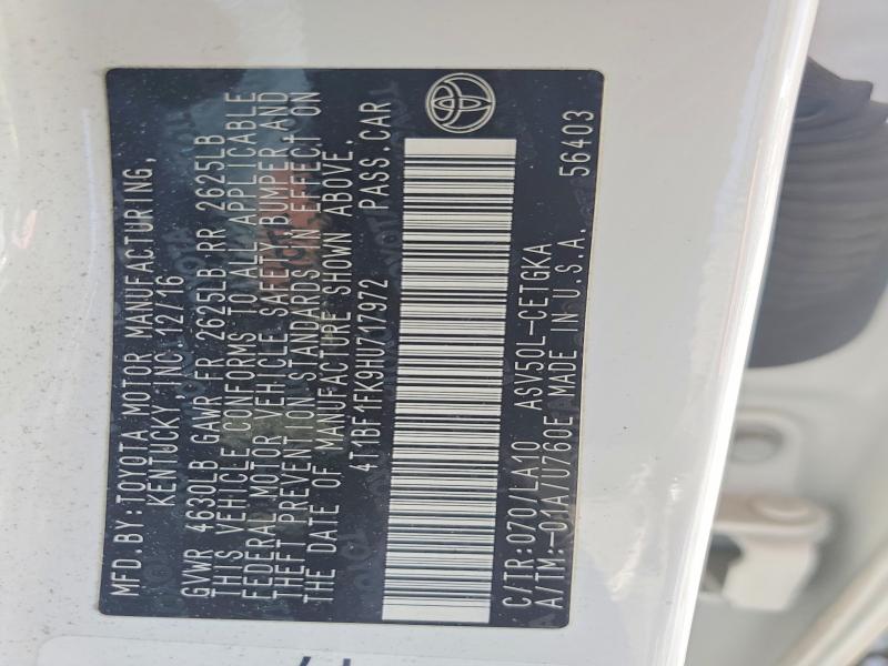 2017 Toyota Camry მანქანა იყიდება აუქციონზე, vin: 4T1BF1FK9HU717972, აუქციონის ნომერი: 63387146