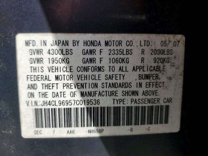 60320376 :رقم المزاد ، JH4CL96957C019536 vin ، 2007 Acura Tsx مزاد بيع