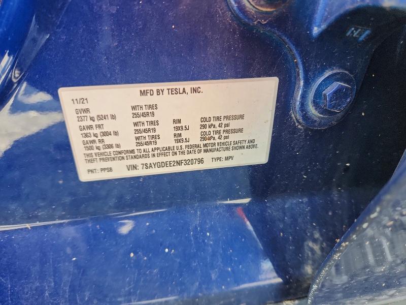 2022 Tesla Model Y მანქანა იყიდება აუქციონზე, vin: 7SAYGDEE2NF320796, აუქციონის ნომერი: 60039746