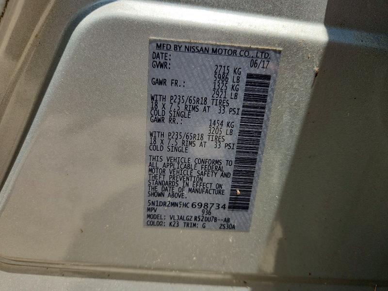 2017 Nissan Pathfinder მანქანა იყიდება აუქციონზე, vin: 5N1DR2MN5HC698734, აუქციონის ნომერი: 60162076