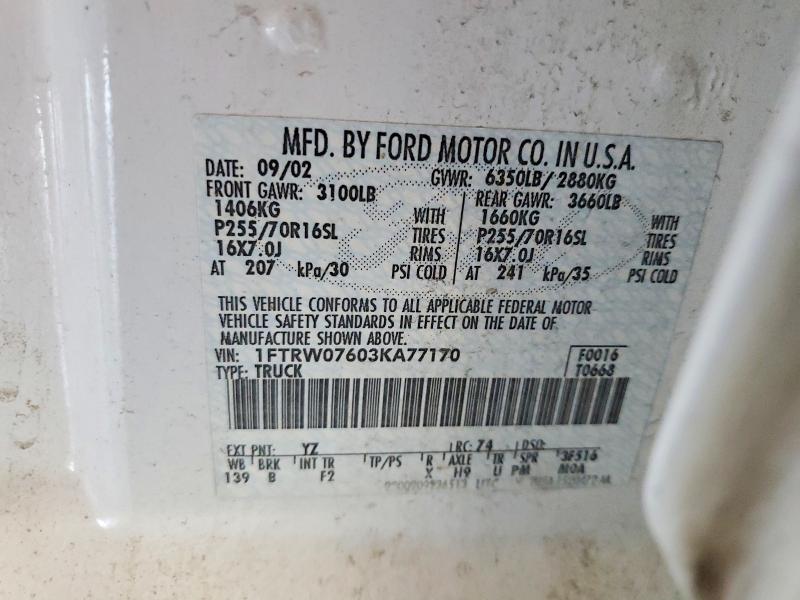 Продажа на аукционе авто 2003 Ford F150, vin: 1FTRW07603KA77170, номер лота: 59286956