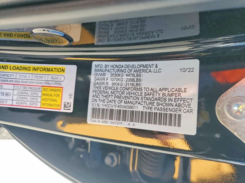 60438596 :رقم المزاد ، 1HGCV1F45NA098511 vin ، 2022 Honda Accord مزاد بيع