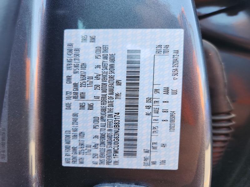 Aukcja sprzedaży 2022 Ford Escape, vin: 1FMCU0G63NUB83174, numer aukcji: 60578056