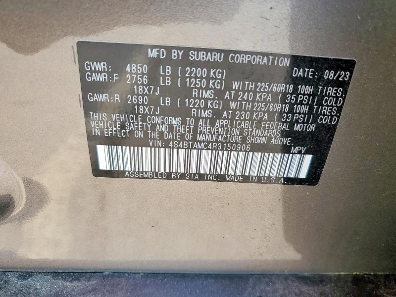 95589275 :رقم المزاد ، 4S4BTAMC4R3150906 vin ، 2024 Subaru Outback مزاد بيع